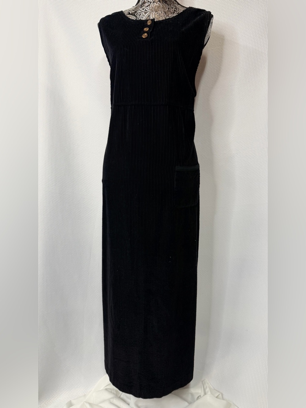 Talbots Black Ribbed Maxi Dress with Button Detail